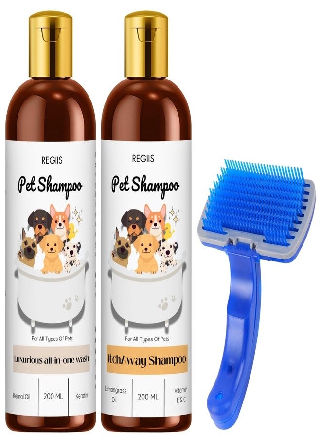 REGIIS Pet Shampoo Set with Grooming Brush, Luxurious All-in-One Wash and Itch Away Formula, 200 ML, 2 Bottles - Image 1